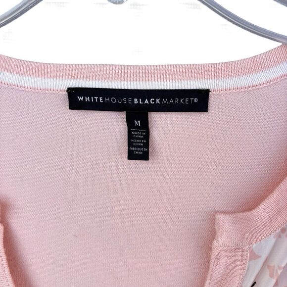 WHBM Pink Coral White Floral Top Light Cardigan Sweater Women Medium 3/4 Sleeve - Picture 7 of 7